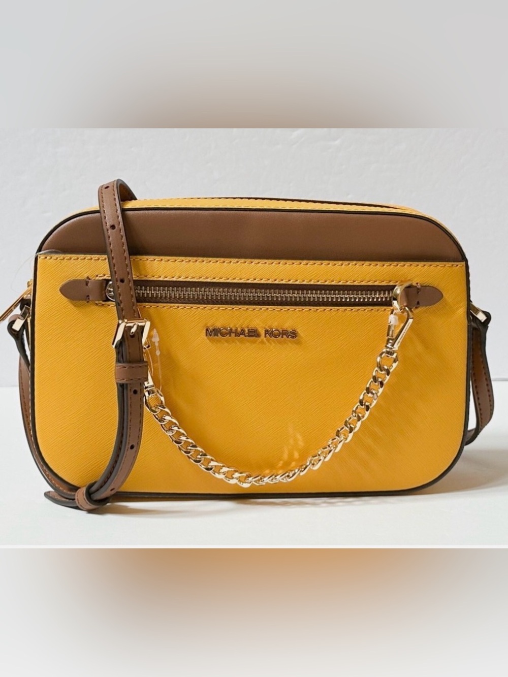 Michael Kors Jasmine Yellow and Brown Crossbody with Gold Chain Detail